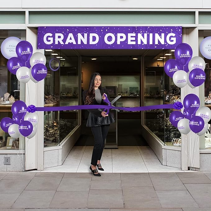 Deluxe Purple Grand Opening Ribbon Cutting Ceremony Kit - 25" Giant Scissors with Purple Satin Ribbon, Banner, Bows, Balloons & More