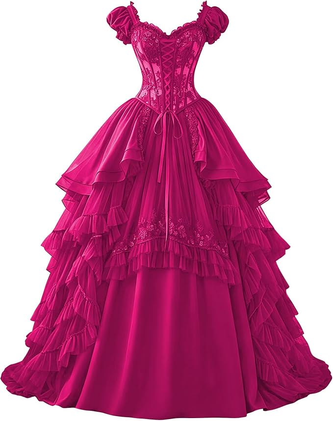 Ftupza Gothic Wedding Dresses Lace Appliques 1800s Victorian Dresses for Women Layered Tulle Prom Dress Long Ball Gown