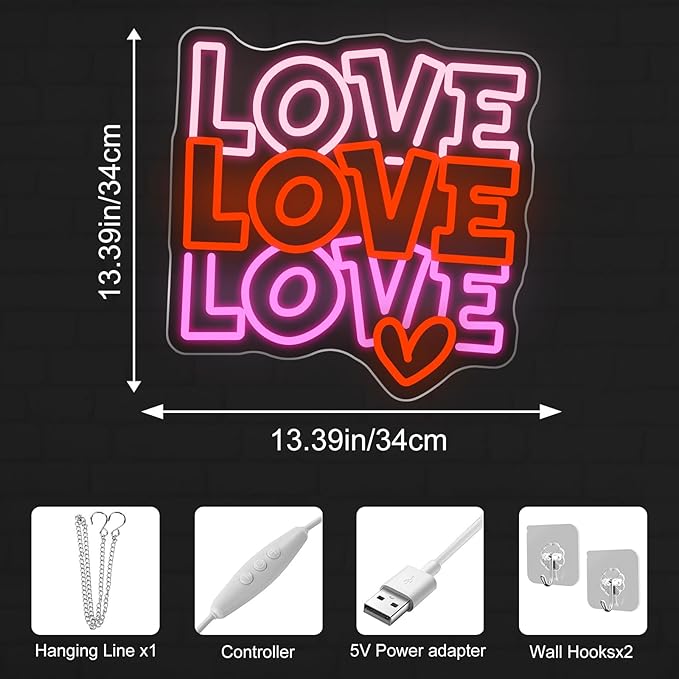 Love Neon Sign - 5-Level Dimmable USB Valentine's Day Decor & Pink Neon Signs, Ideal for Weddings, Parties, Shop Walls, Teen Girl Bedroom Wall Art