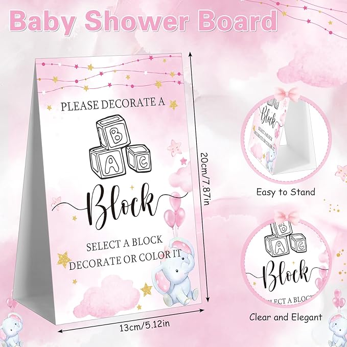 Marsui 136 Pcs Baby Shower Blocks to Decorate Game Kit Includes 98 Wooden Blocks, 36 Markers, 1 Game Sign, 1 Storage Box for Baby Shower Gender Reveal Activity Party Decorations(Pink Elephant)
