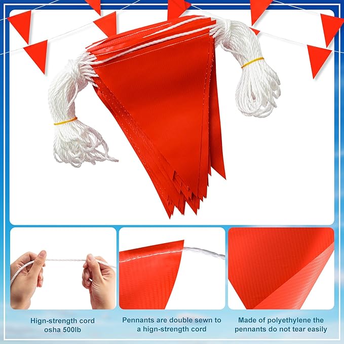 Preboun 197FT Pennant Banner Flags High Visibility Safety Marking Flags Traffic Resistant Warning Signs Rooftop Flagging for Roadwork, Hazard Areas, Construction Sites(9 x 12 Inch,Red)