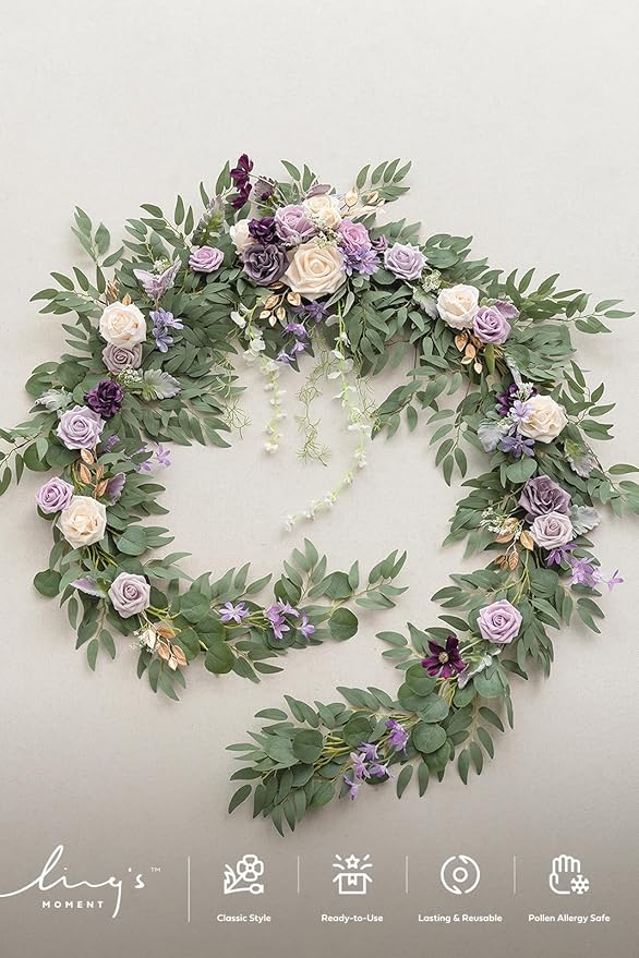 Ling's moment 9FT Flower Garland for Backdrop Decorations - Wedding Arch Flowers, Eucalyptus & Rose, Artificial Floral Garland for Mantel - Sweetheart Table Decor for Ceremony Reception, Lilac & Gold