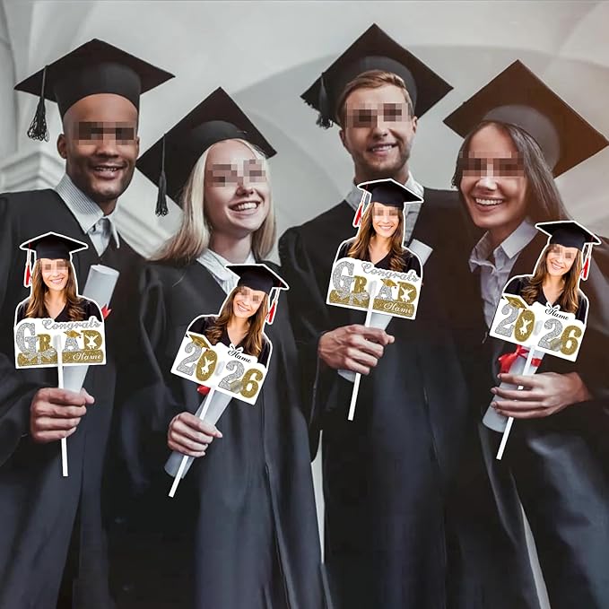 Personalized Graduation Face Fan 2026 Grade Custom Double Sided Face Cutout Fan with Handle Photo Booth Prop Party Supplies(B-Champagne and Silver,24pcs)