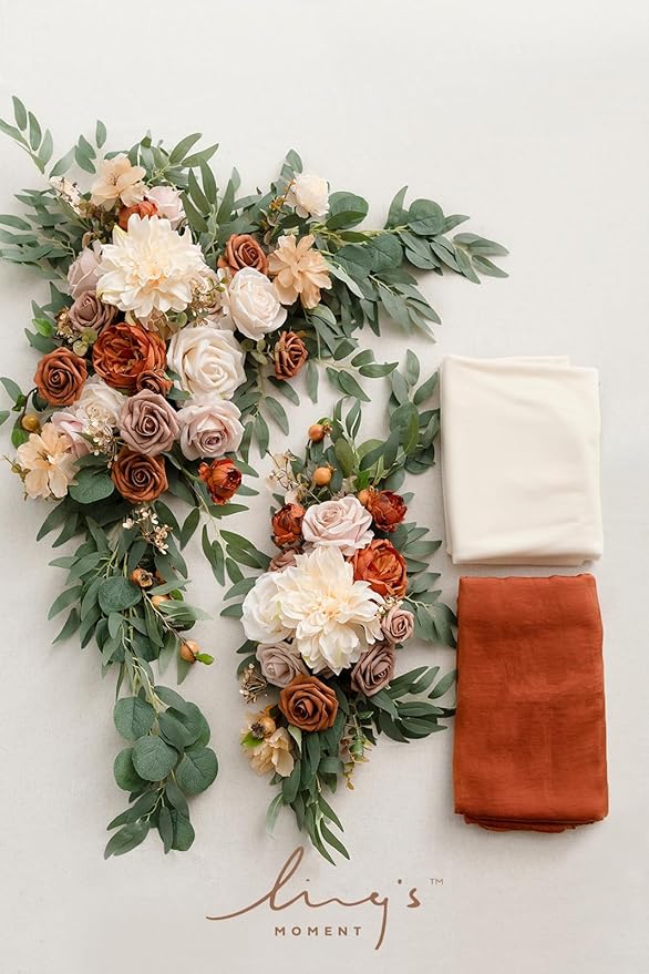 Ling's moment Fall Artificial Wedding Arch Flowers Kit Pack of 4, 2pcs Hanging Flower Arrangement 2pcs Drapes Ceremony Rose Arbor Backdrop Brunt Orange Terracotta Floral Party Autumn Outdoor Decor