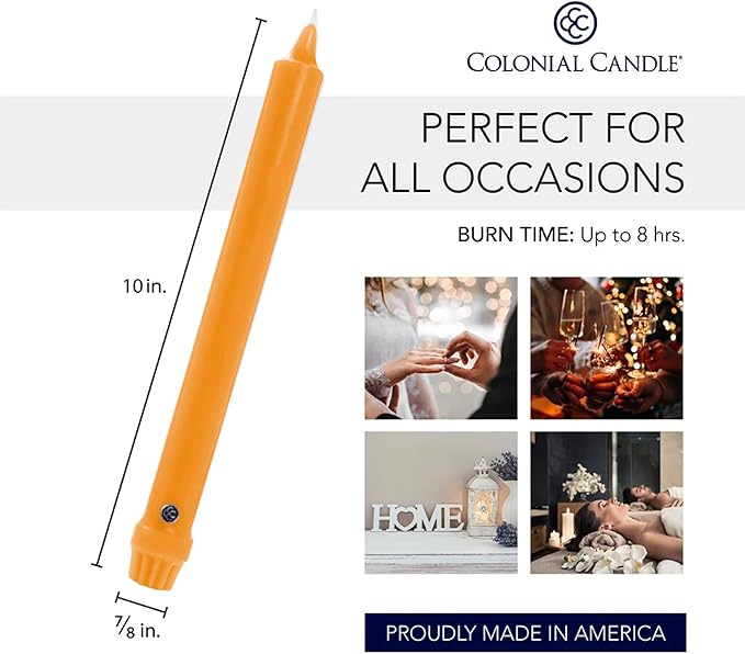 Colonial Candle Unscented Taper Candle, Classic Collection, Caramel, 10 in, Pack of 12 - Up to 8 Hours Burn
