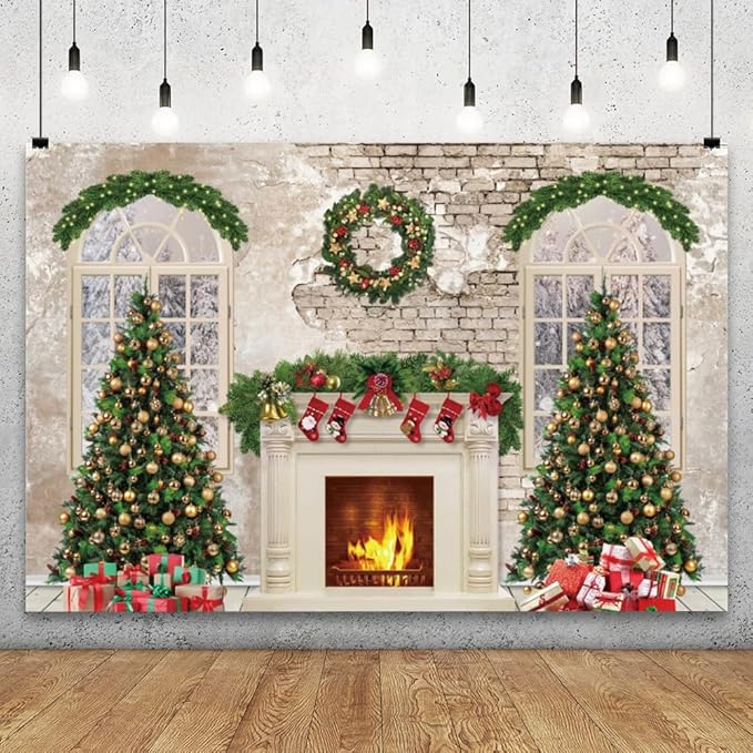 YongFoto Christmas Fireplace Backdrop 8x6.5ft Room Christmas Trees Red Socks Vintage Wall Photography Background New Year Xmas Eve Family Winter Holiday Party Banner Photoshoot Wallpaper Photo Booth