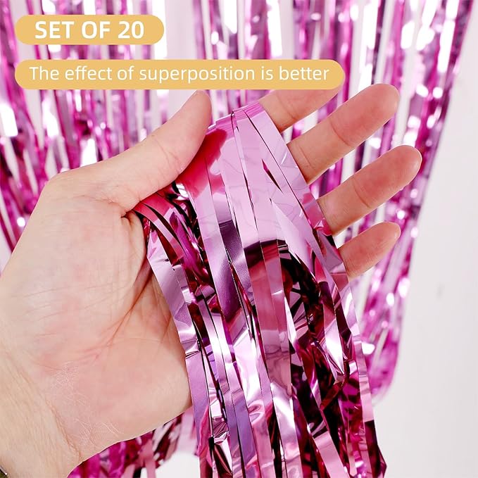 20 Pack Pink Foil Fringe Curtains 3.2ft x 9.8ft Foil Curtain Backdrop Metallic Tinsel Curtains Streamer Photo Booth Backdrop for Birthday Party Engagement Bachelorette Party Decorations