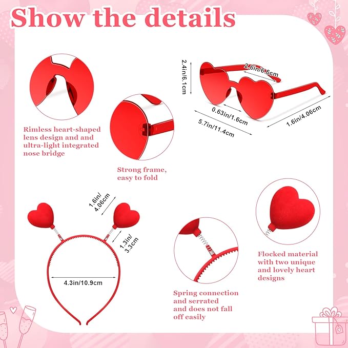 Yunsailing 48 Pcs Valentines Day Heart Headband Boppers and Heart Shape Sunglasses Valentines Accessories Costume Photo Prop(Red, Cute Color)