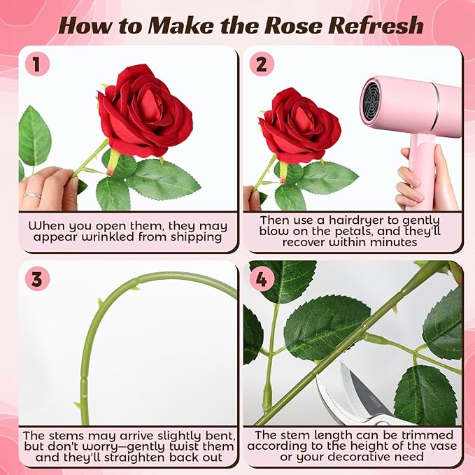 50 Pcs Fake Red Roses Artificial Flowers Bulk, Faux Velvet Silk Rose Bouquet with Long Stems Real Look for Wedding Party Centerpieces Vases Decor