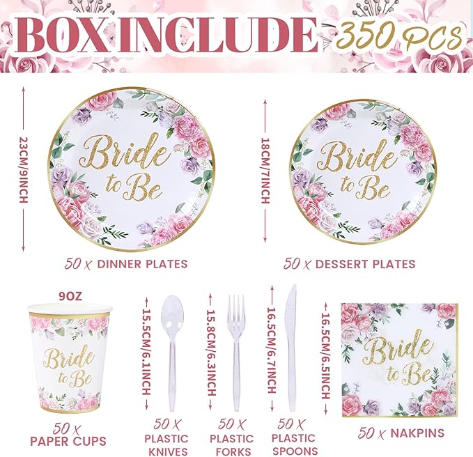 350PCS Floral Bridal Shower Decorations for 50 Guests Include Paper Plate, Napkin, Cup and Disposable Plastic Tableware