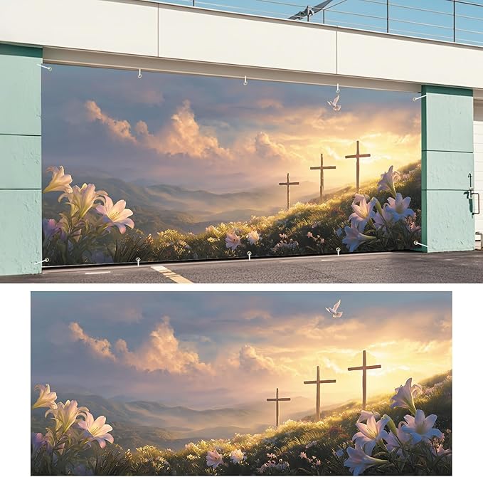Easter Cross and Lilies Garage Door Banner 7x16FT, Religious Easter Decoration with Crosses and Lilies, Outdoor Spring Holiday Decoration for Yard and Garage