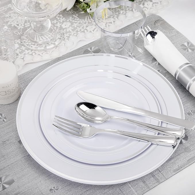WELLIFE 210 Piece Silver Plastic Dinnerware Set for 30 Guests, Plastic Plates for Party, Include: 30 Dinner Plates, 30 Dessert Plates, 30 Pre Rolled Napkins with Silver Silverware and 30 Silver Cups