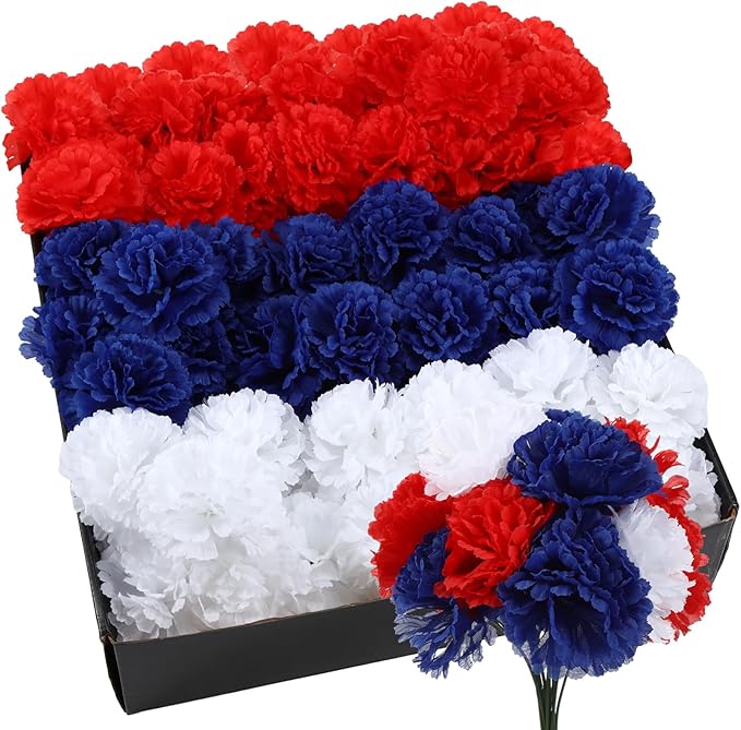 180 Pcs Red Blue White Carnations Artificial Memorial Flowers with 6" Stem Patriotic Fake Silk Carnation Bulk for Cemetery Veterans Day 4th of July Decoration Wreaths DIY Crafts