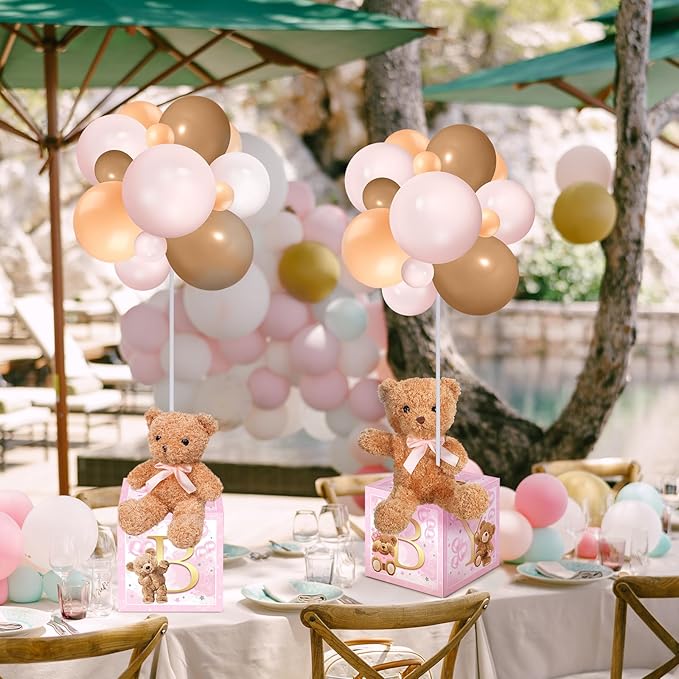 Lenwen 6 Sets Baby Letter Boxes Decorations Table Centerpieces for Baby Shower Gender Reveal,Bear Stuffed Animals Balloon with Stand Plush Toy Boxes for Birthday Party Wedding(Bear,Pink)