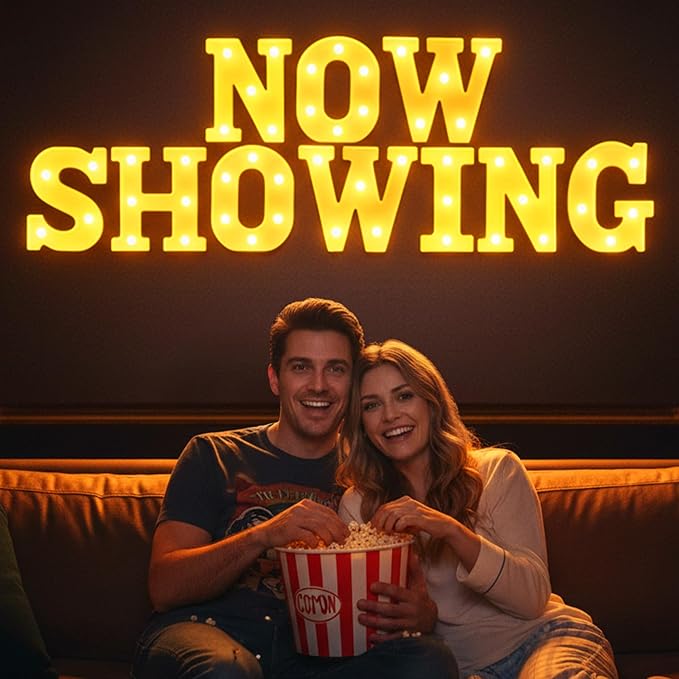 Honoson 10 Pcs Movie Night Party Decorations Now Showing Light up Sign LED Neon Sign Table Decor for Home Movie Room Film Room Camera Action Party Supplies