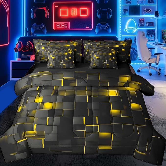 Feelyou Yellow and Black Bedding Set Full Size Kids Light Geometric Comforter Set with Sheets 7 Piece Bed in a Bag forModern Bed Set with Comforter,Sheets,Pillowcases,Cushion Covers