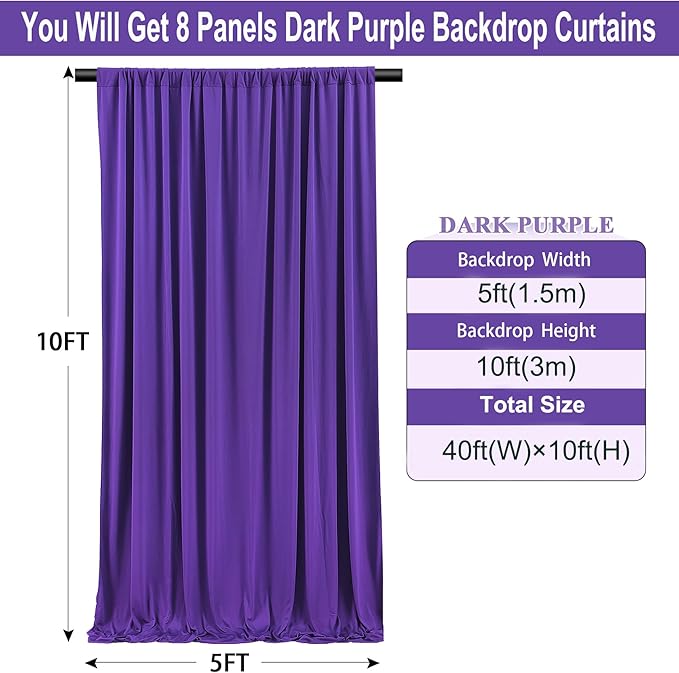40ft×10ft Wrinkle Free Dark Purple Backdrop Curtain for Party, 8 Panels 5ft×10ft Soft Silky Polyester Purple Photo Backdrop Drapes for Birthday Baby Shower Wedding Mother's Day Photography