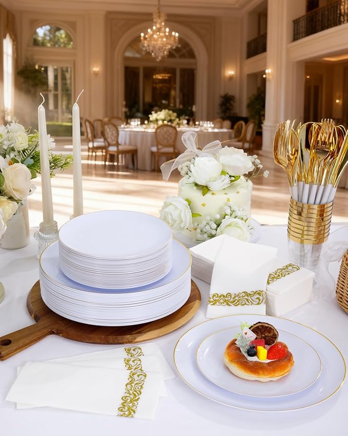 Supernal 350pcs Gold Plastic Dinnerware Set for 50 Guests,Fancy Disposable Plates for Party,Gold Plastic Silverware with White Handle,Disposable White Plates Wedding,Birthday
