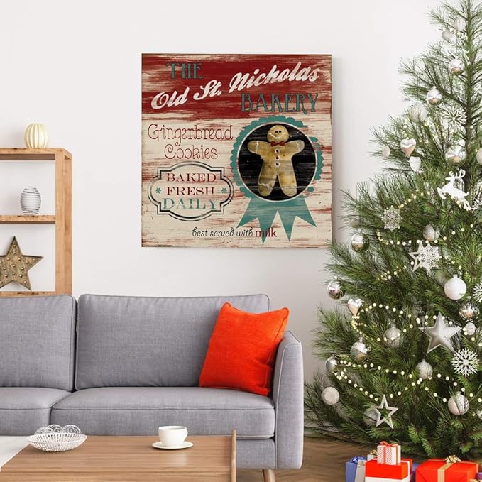 Renditions Gallery Old St. Nicholas Bakery Wall Art, Cute Christmas & Winter Decor, Vintage Faux Wood Look, Festive, Premium Gallery Wrapped Canvas, Ready to Hang, 32 in H x 32 in W, Made in America