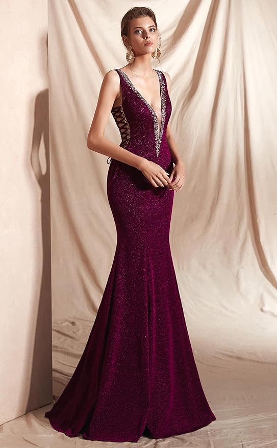 Women's Double V-Neck Sequins Lace-up Mermaid Evening Dress