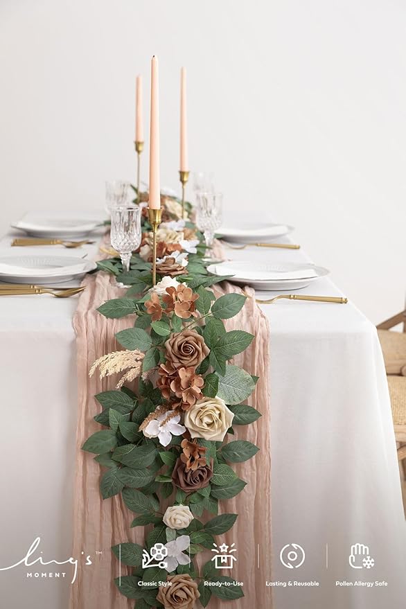 Ling's Moment 5FT Beige Brown Artificial Flower Garland Fake Rose Eucalyptus Garland Arch Flowers Vine for Wedding Party Backdrop Home Table Centerpieces Decorations
