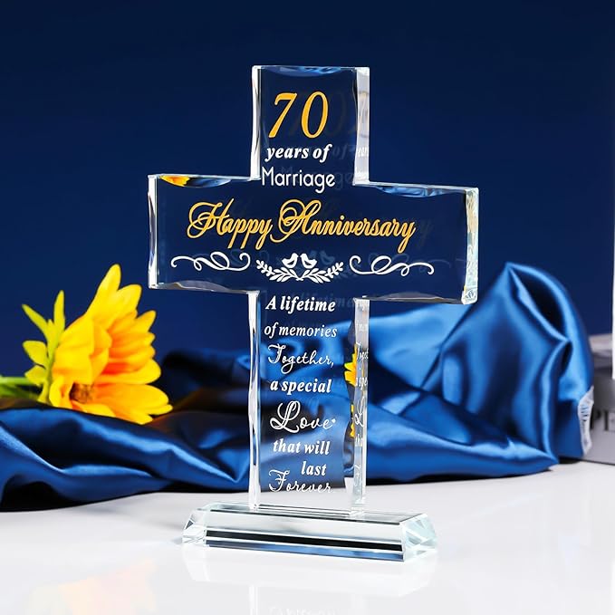 YWHL 70th Wedding Anniversary Cross Gifts for Couple, 70 Years of Marriage Glass Cross Keepsake for Parents Grandparents, 70 Years Anniversary Decoration