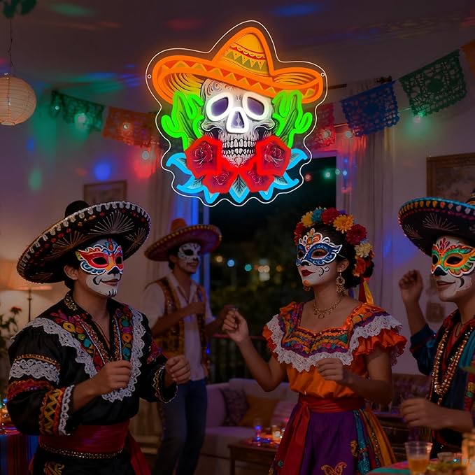 Day of the Dead Neon Sign, Mexican Sugar Skull LED Neon Light Signs for Wall Decor Mexican Calavera Sign for Home Bar Restaurant Día de Muertos Party Decorations Dimmable USB Powered(13.2"*12.6")