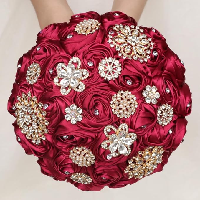 Dark Red Handmade Wedding Bridal Bouquet with Luxury Gold Rhinestone Brooch Satin Rose Flower Bouquet for Bride Bridesmaid Quinceanera Wedding Bouquet Dark Red 7.5in