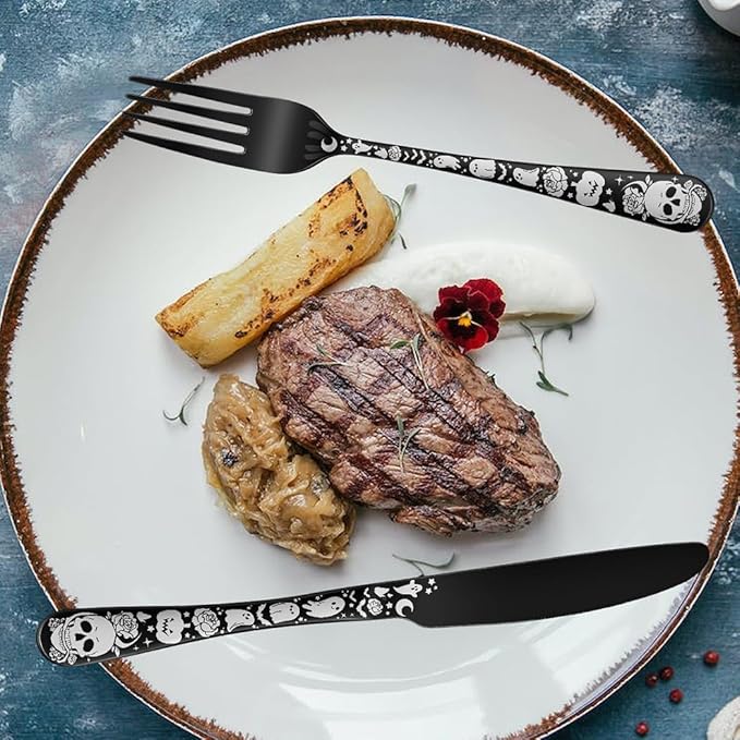 XIAOYU 40 Piece Halloween Gothic Skull Pattern Silverware Set, Stainless Steel Flatware Set for 8, Tableware Cutlery Set with Unique Skull Design, Perfect for Halloween Easter and Christmas, Rose Gold
