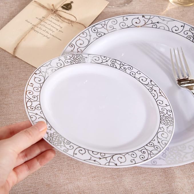 LIYH 700 Pcs Silver Plastic Disposable Dinnerware Set for 100 Guests - Plastic Plates for Party Includes Disposable Plates, Cups, Wedding Napkins and Cutlery Elegant White & Silver