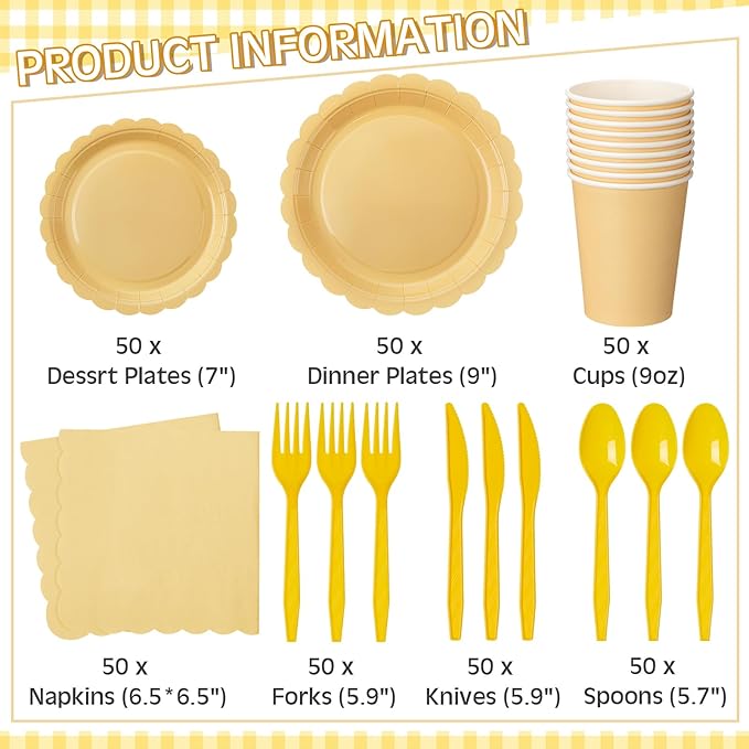 350 Pcs Light Yellow Plates and Napkins, 50 Guest Spring Easter Party Supplies Include Scalloped Paper Plates Napkins Cups Plastic Spoons Forks Knives Disposable Tableware Set for Baby Shower