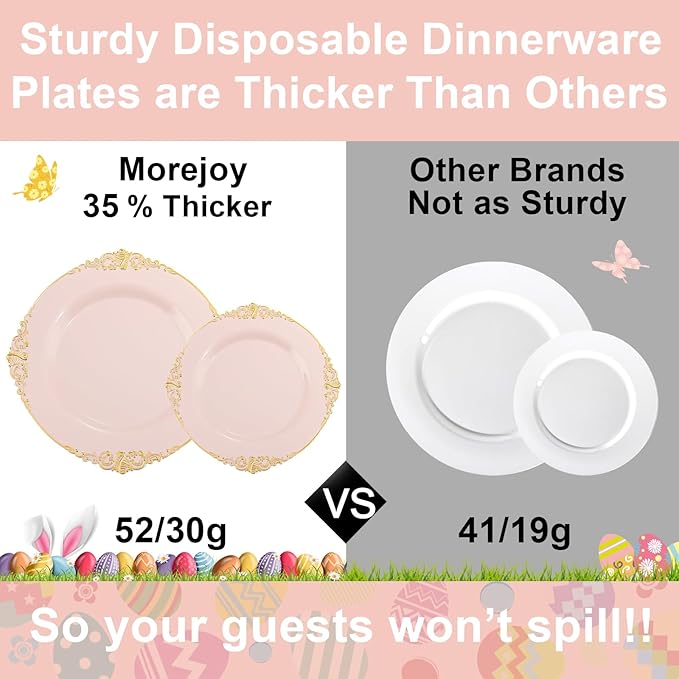 Morejoy 175pcs Pink Plastic Plates - Pink and Gold Disposable Plates sets, Include 25 Dinner Plates,25 Dessert Plates,25 Cutlery Sets,25 Napkins Perfect for Wedding & Party & Holiday & Christmas