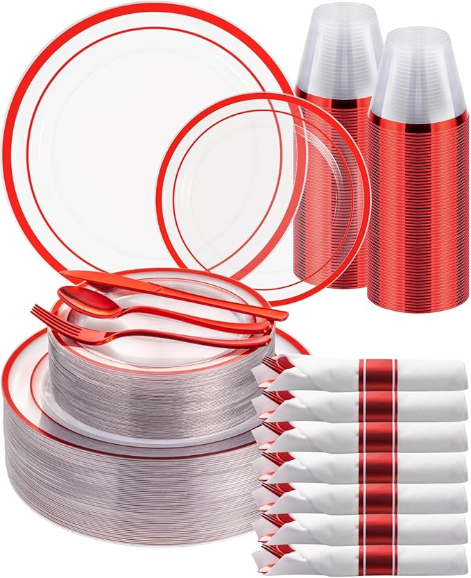 Goodluck 350 Piece Red Plastic Plates, Clear Plastic Silverware Disposable Plates Set, Include 100Plates, 50Pack Pre Rolled Napkins with Silverware, 50Cups for Party, Christmas, Graduation, Wedding