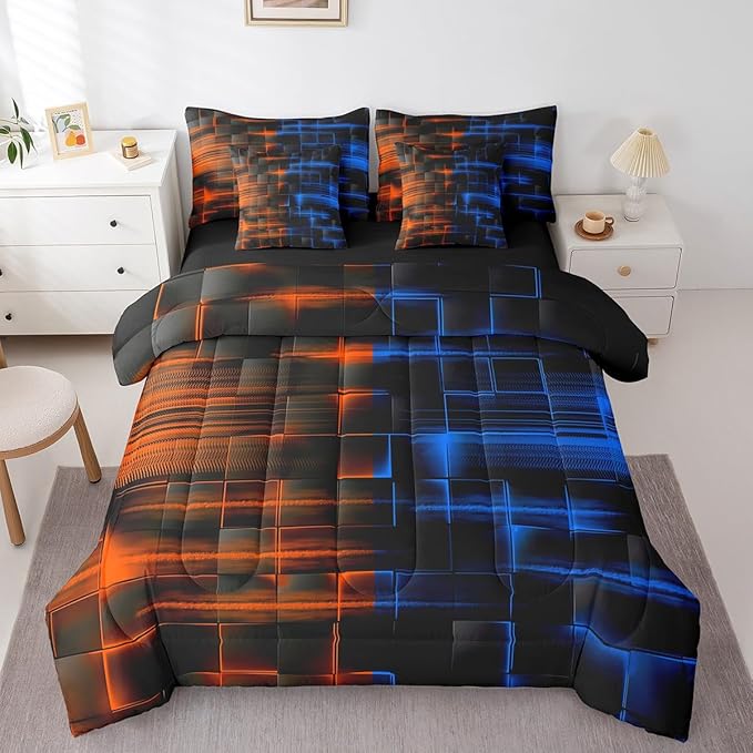 Feelyou Blue and Orange Comforter Set with Sheets 7 Piece King Size Kids Geometric Bed in a Bag Strip Lines Bedding Set Abstract Art Bed Set with Comforter, Sheets,Pillowcases,Cushion Covers