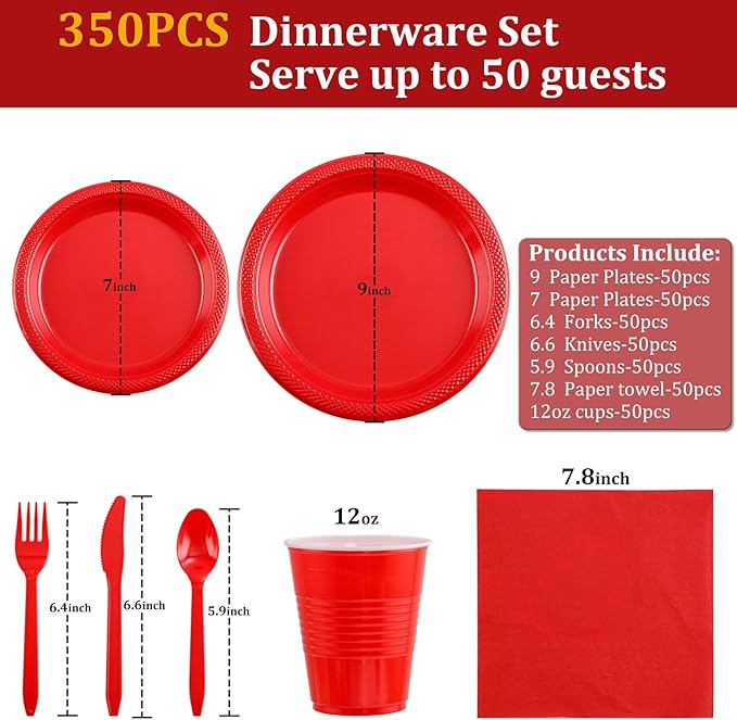 MirthMood 350PCS Red Disposable Plastic Plates,Red Dinnerware Set Includes 50 Dinner Plates, 50 Salad Plates, 50 Sets of Silverware, 50 Napkins and 50Pcs 12OZ Plastic Cups