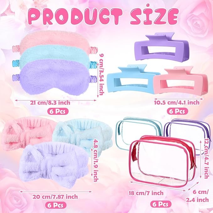 30 Pcs Spa Party Favors for Women Sleepover Party Supplies 6 Bow Headband 6 Eye Mask 6 Hair Clip 6 Cosmetic Bag 6 Glitter Plastic Cup for Adult Spa Birthday Bachelorette Gift(Multicolor)