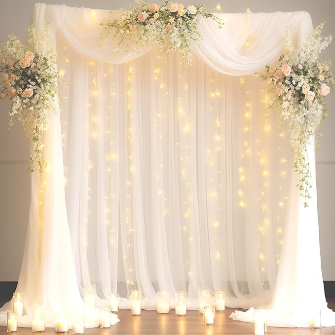 20x10ft White Tulle Backdrop Curtain with Lights String for Parites, Sheer Photo Backdrop Curtains with Lights for Wedding Backdrop Ceremony Reception Bridal Shower Baby Shower Birthday Party