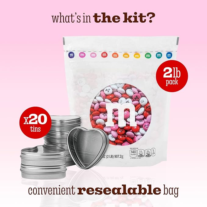M&M’S Valentine's Day Chocolate Gift Kit, 2lb Red Pink White M&M'S with Messages, 20 Heart-Shaped Silver Tins for Personalized Candy Favors, Galentine’s Gifts, Party Favors, Office Candy Treat Bags