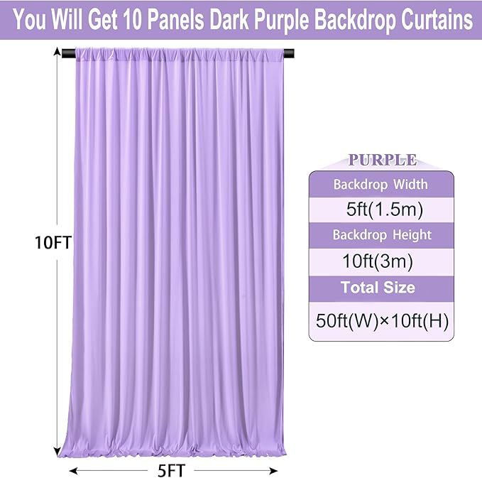50×10 ft Lavender Wrinkle Free Backdrop Curtain for Wedding Party, 10 Panels 5×10ft Soft Silky Light Purple Lilic Backdrop Drapes for Birthday Parties Baby Shower Photo Photography Backgrounds ﻿