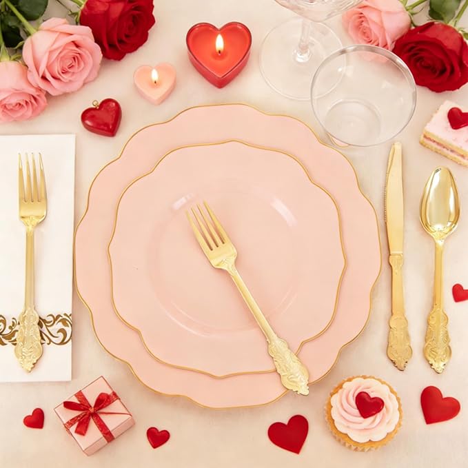 NOCCUR 175PCS Pink Plates with Gold Disposable Silverware - Include 50 Pink Plastic Plates,25 Knives,25 Forks,25 Spoons,25 Cups and 25 Napkins - Ideal for Party/Wedding/Valentines Day
