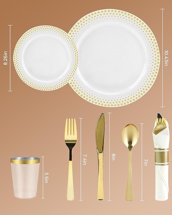 Feagar 175PCS Disposable Plates Set for 25 - Elegant Gold Dinnerware for Party, Wedding, Holiday & Birthday, Includes Dinner & Dessert Plates, Cutlery, Cups, Napkins, Tablecloth & Balloon Decor