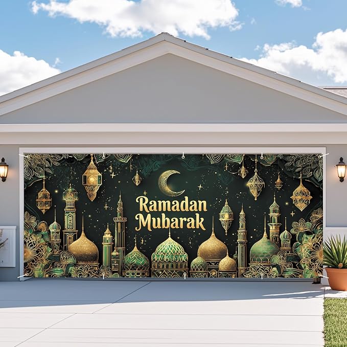 Ramadan Mubarak Garage Door Banner 7x16FT, Islamic Crescent Moon & Lanterns Design, Outdoor Decoration for Ramadan and Eid Celebrations