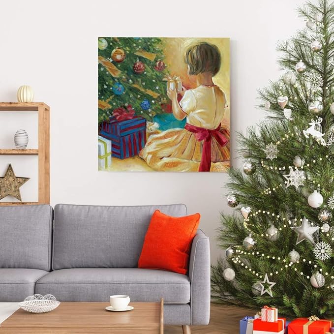 Renditions Gallery Christmas Morning Wall Art, Little Girl with Gift by Christmas Tree, Winter Artwork, Yellow & Red, Premium Gallery Wrapped Canvas, Ready to Hang, 40 in H x 40 in W, Made in America