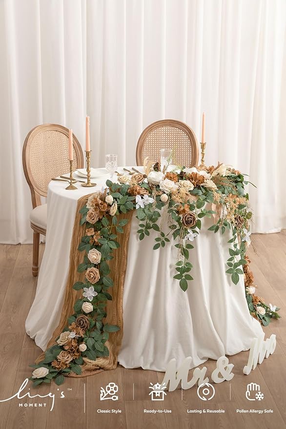 Ling's moment 9FT Spring Flower Garland for Backdrop Decorations - Wedding Arch Flowers, Eucalyptus & Rose, Artificial Floral Garland for Mantel - Sweetheart Table Decor for Reception, Beige Brown
