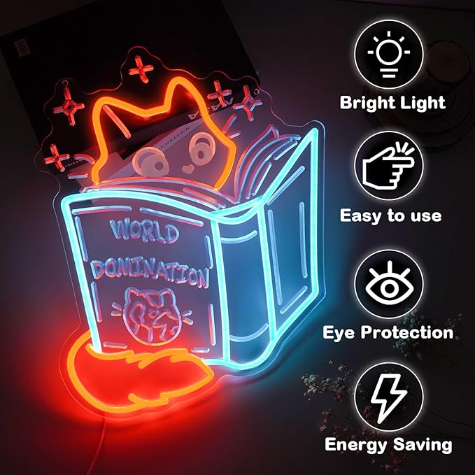 Books and Cat Neon Sign, Fox Reading Sign 3D Carving Led Light, Funny Cat Read Book Decoration, Library Wall Art, Book Store Decor, Gift For Kid, 14.6"x13"