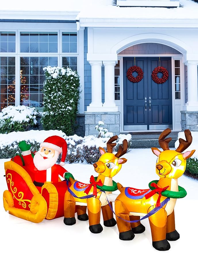Kalolary 8 Feet Long Christmas Inflatables with LED Light, Santa Claus on Sleigh Blow up Christmas Outdoor Indoor Decoration for Home Family Yard Decor Lawn Garden Party Supplies