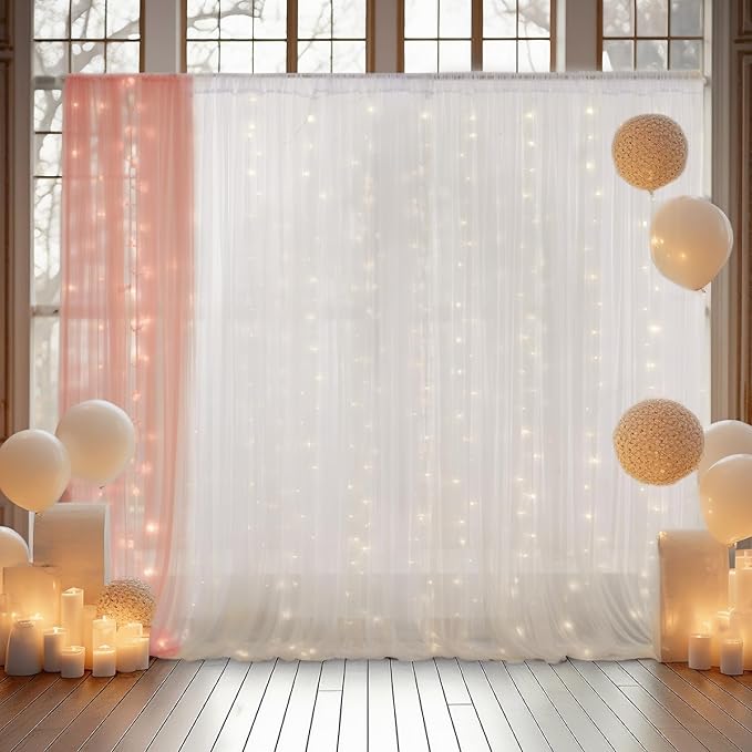 20x10ft White Tulle Backdrop Curtain with Lights String for Parites, Sheer Photo Backdrop Curtains with Lights for Wedding Backdrop Ceremony Reception Bridal Shower Baby Shower Birthday Party