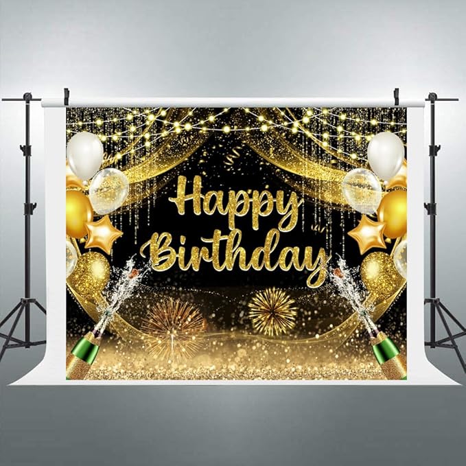 ChloropLastid Happy Birthday Backdrop 10x8ft Black and Gold Vinyl Birthday Photography Background Banner for Party Decoration Supplies
