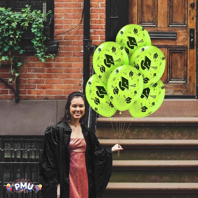 PMU 100 Pcs Lime Green Graduation Balloons Class of 2025 with All-Over Print White Grad Caps-Confetti and Streamers | Graduation Party Supplies | Congratulations Grad Latex Balloons Latex
