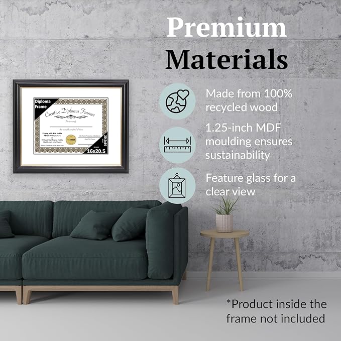 Creative Picture Frames 16" x 20.5" Rockefeller Black w/Gold Rim Diploma Frame, Displays 16" x 20.5" Certificate or 18" x 22" Document w/o Mat, College Degree Frame, Full-Strength Glass, White Mat